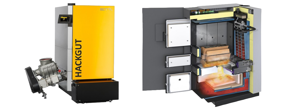 Hackgut-Kessel Außenansicht und Querschnitt – Biomasseheizung Vogl