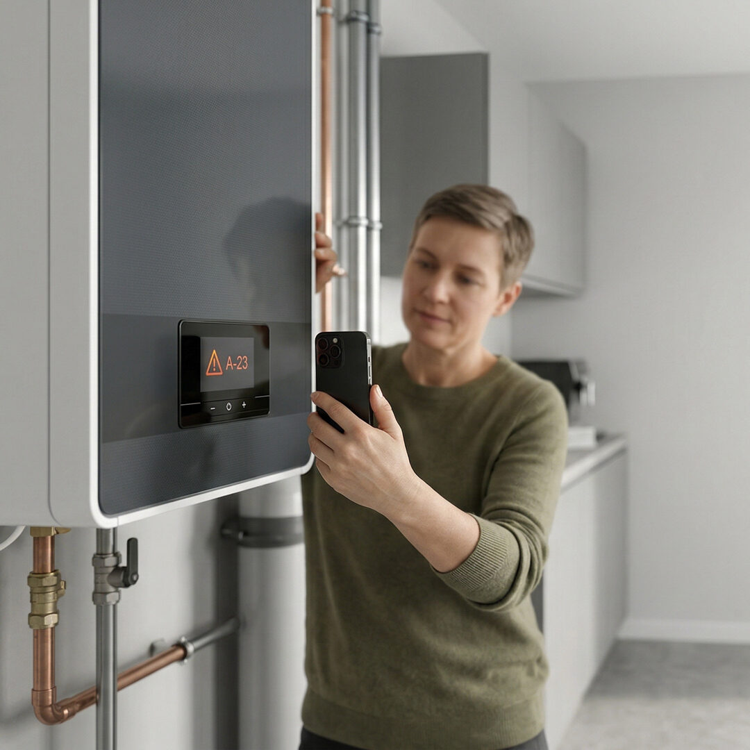 Person fotografiert Fehlermeldung am Heizgerät mit Smartphone