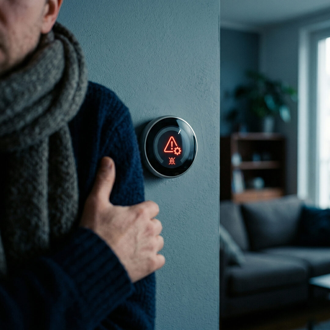 Person friert neben Thermostat mit Fehlermeldung – Heizungsausfall