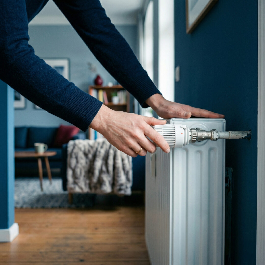 Person dreht Thermostatventil am Heizkörper – Heizungsausfall