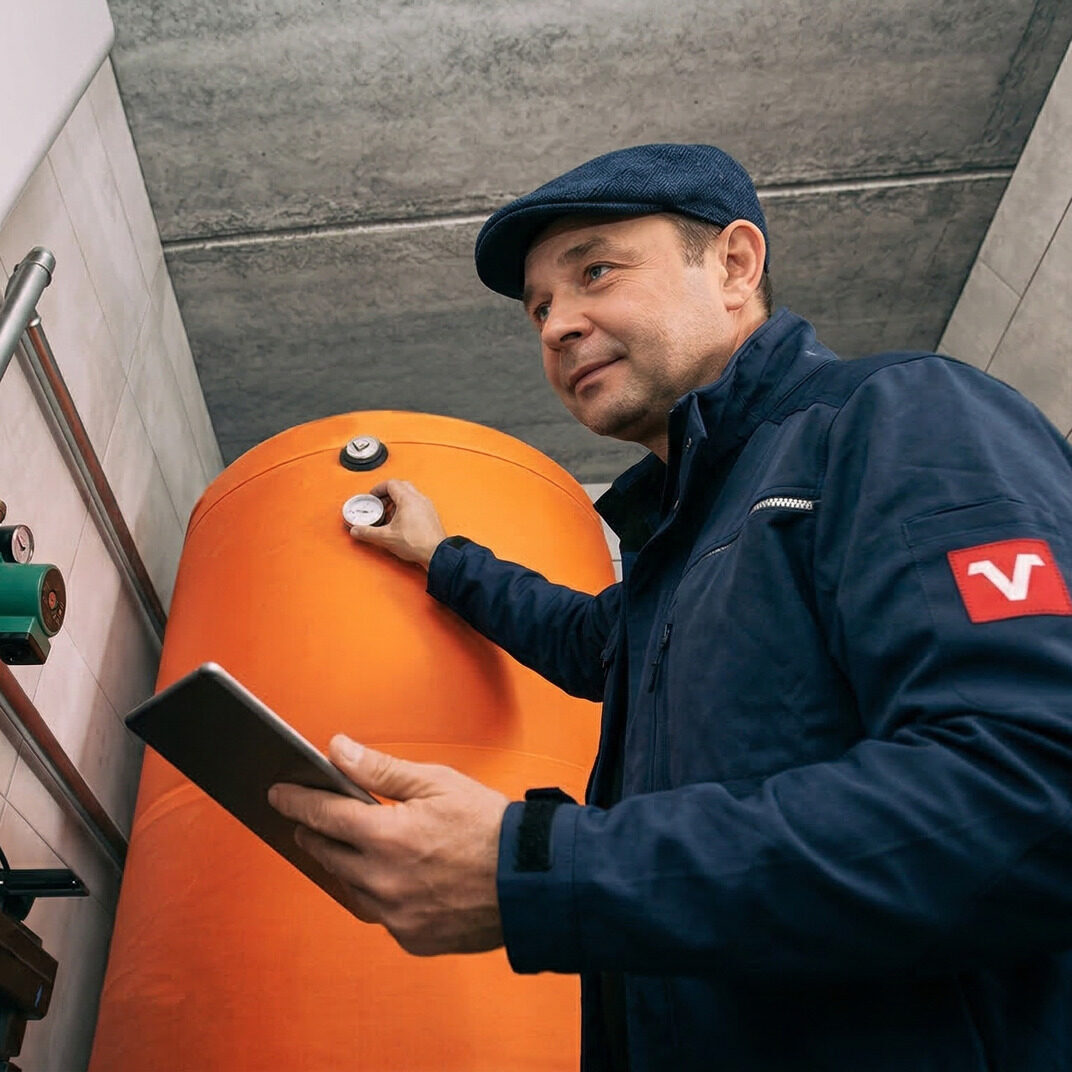Vogl Techniker überprüft neuen Heizkessel und Pufferspeicher mit Tablet