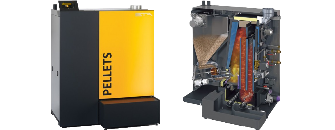 Pellets-Kessel Außenansicht und Querschnitt – Biomasseheizung Vogl