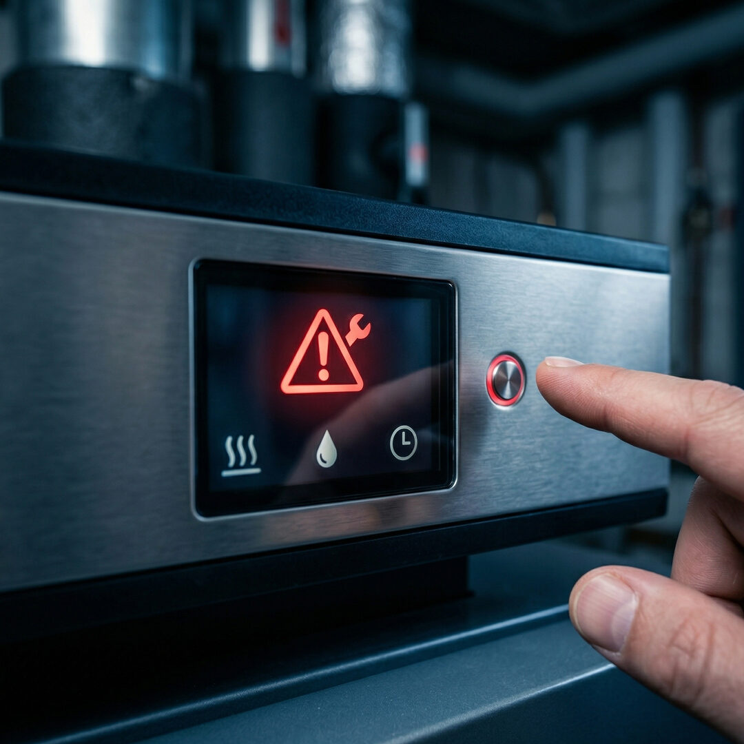 Heizung Störung – Warnmeldung auf Display, Hand drückt Resetknopf