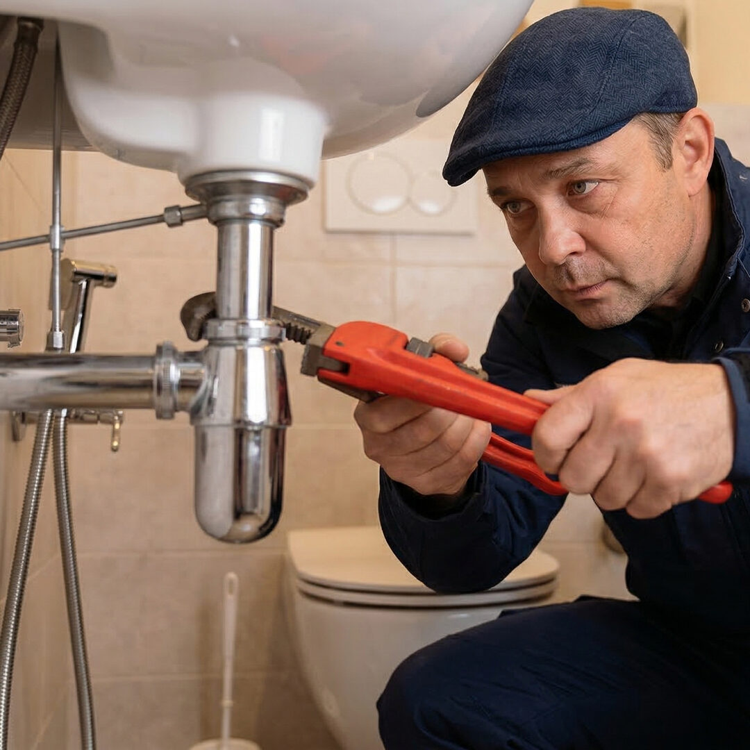 Sanitärinstallateur von Vogl Haustechnik bei Rohrmontage unter Waschbecken